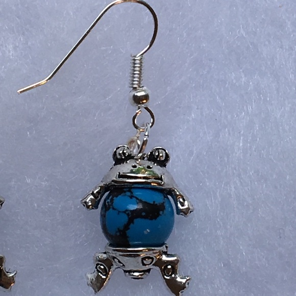 SOLD Blue Turquoise Silver Frog Earrings - Picture 3 of 8